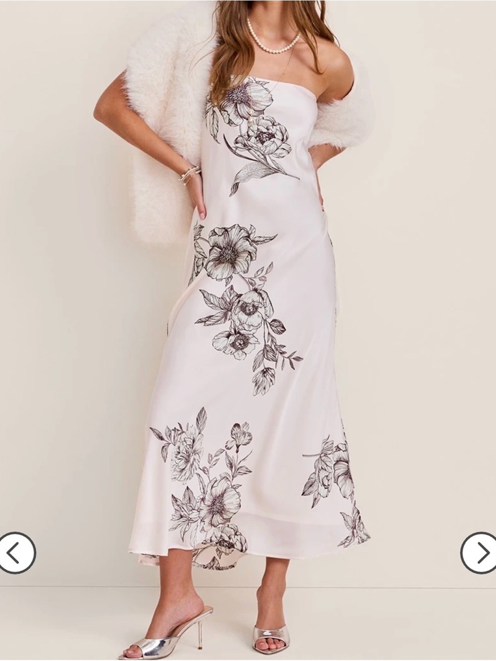 Francesca's Collections Cream Strapless Maxi with Black Floral Sketch